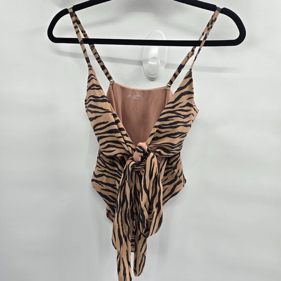 Aerie Brown Black Zebra Print One piece Front Cut-Out Swimsuit Medium - Picture 2 of 8